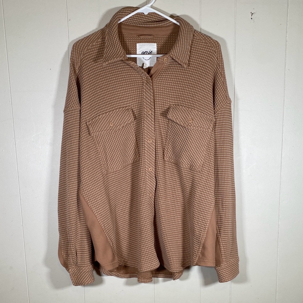 Aerie Tan Waffle-Knit Button-Up Lumberjane